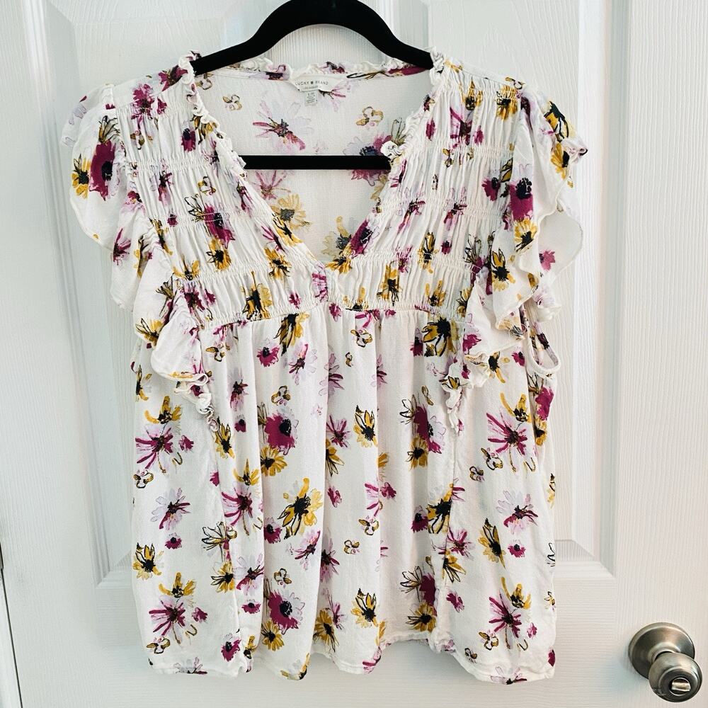 Lucky Brand Top Womens large
Boho Floral Peasant Blouse Flutter Sleeve Fairy